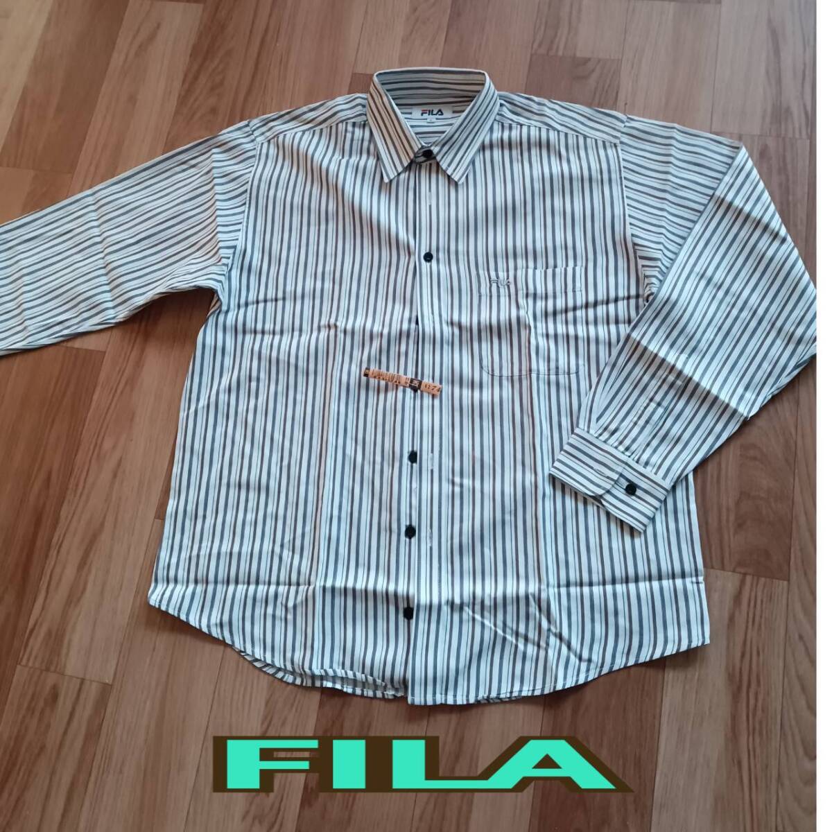 クリーニング済 ◆ FILA ◆ 長袖 シャツ Lサイズ 白x茶xネイビー ストライブ柄 ◆ フィラ ◆ メンズ トップス拍卖