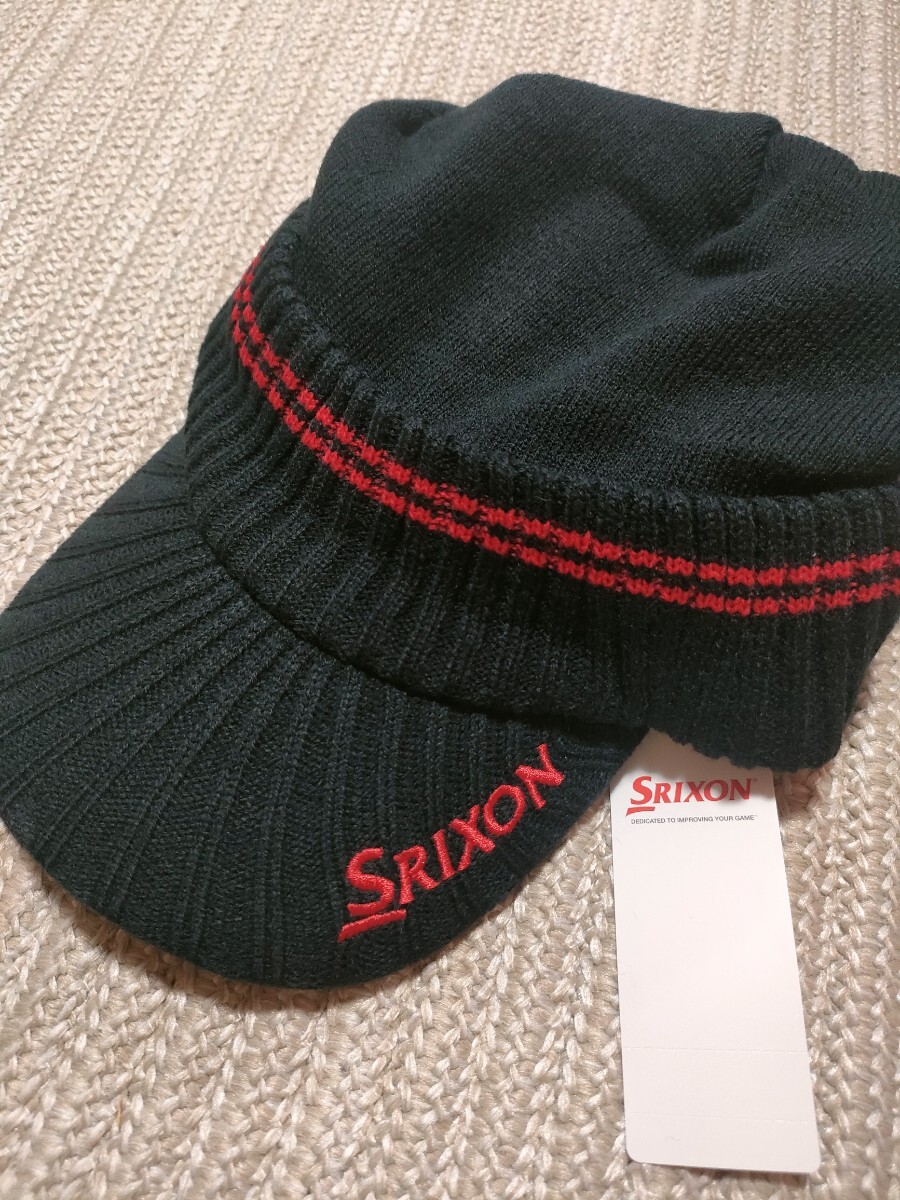 新品 未使用 SRIXON ツバ付き ニットキャップ ブラック×レッド 黒 スリクソン ニット帽 帽子 メンズ ゴルフウェア 防寒拍卖