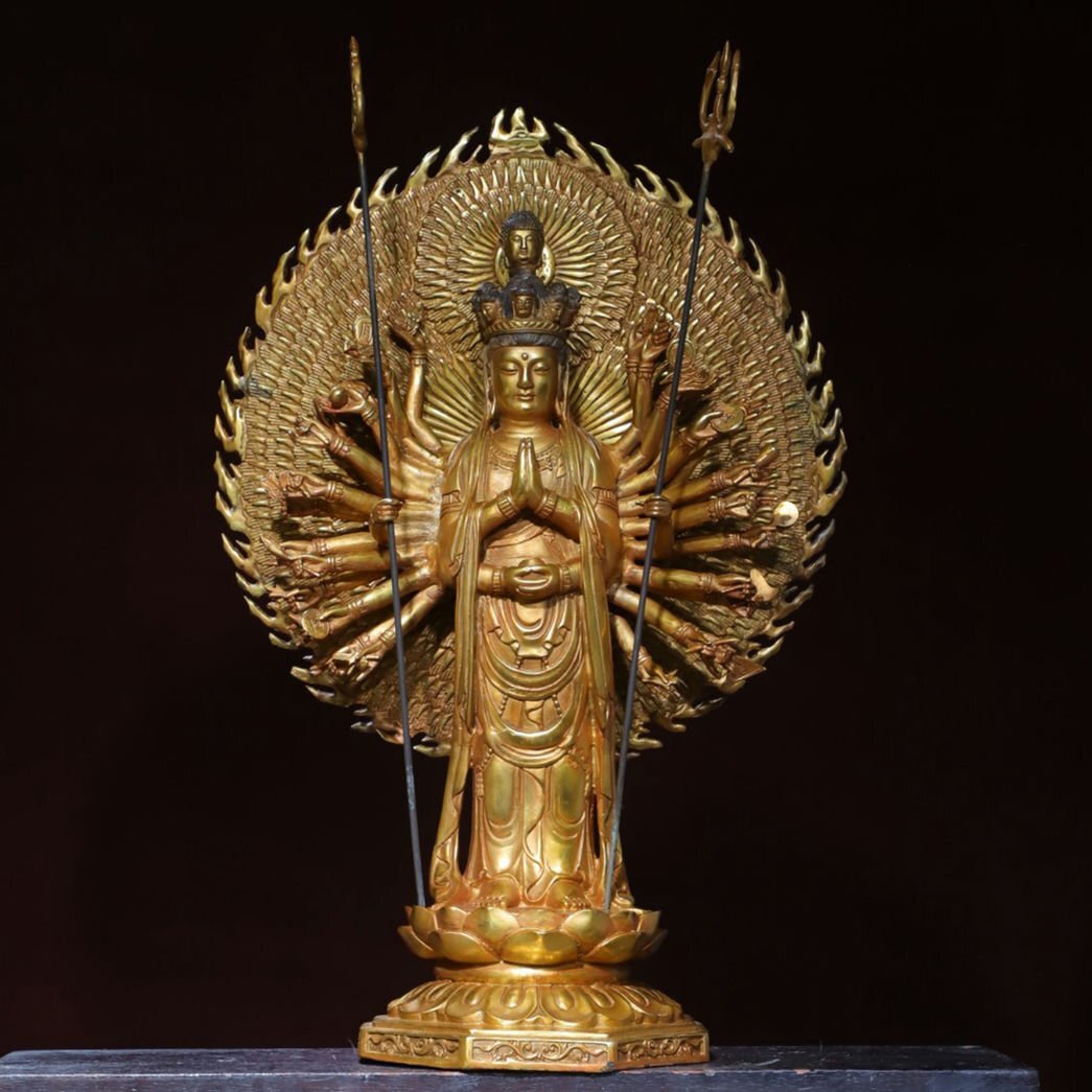 ▼渡鶴羽▼R206清時代 仏教古美術 チベット密教 銅塗金 千手観音 造像★仏像★細密細工★廃寺旧蔵★廃寺買出品拍卖