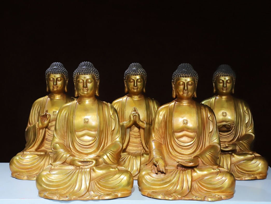 ▼渡鶴羽▼R209清時代 仏教古美術 チベット密教 銅塗金 五方仏 造像一套★仏像★細密細工★廃寺旧蔵★廃寺買出品拍卖