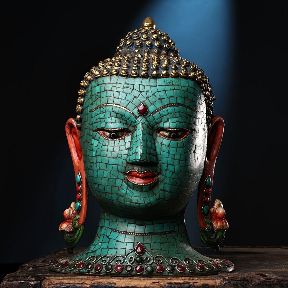 ▼渡鶴羽▼P601清時代 仏教古美術 チベット密教 銅製象嵌宝石彩絵描金釈迦牟尼仏祖仏頭像 ★仏像★細密細工★廃寺旧蔵★廃寺買出品拍卖