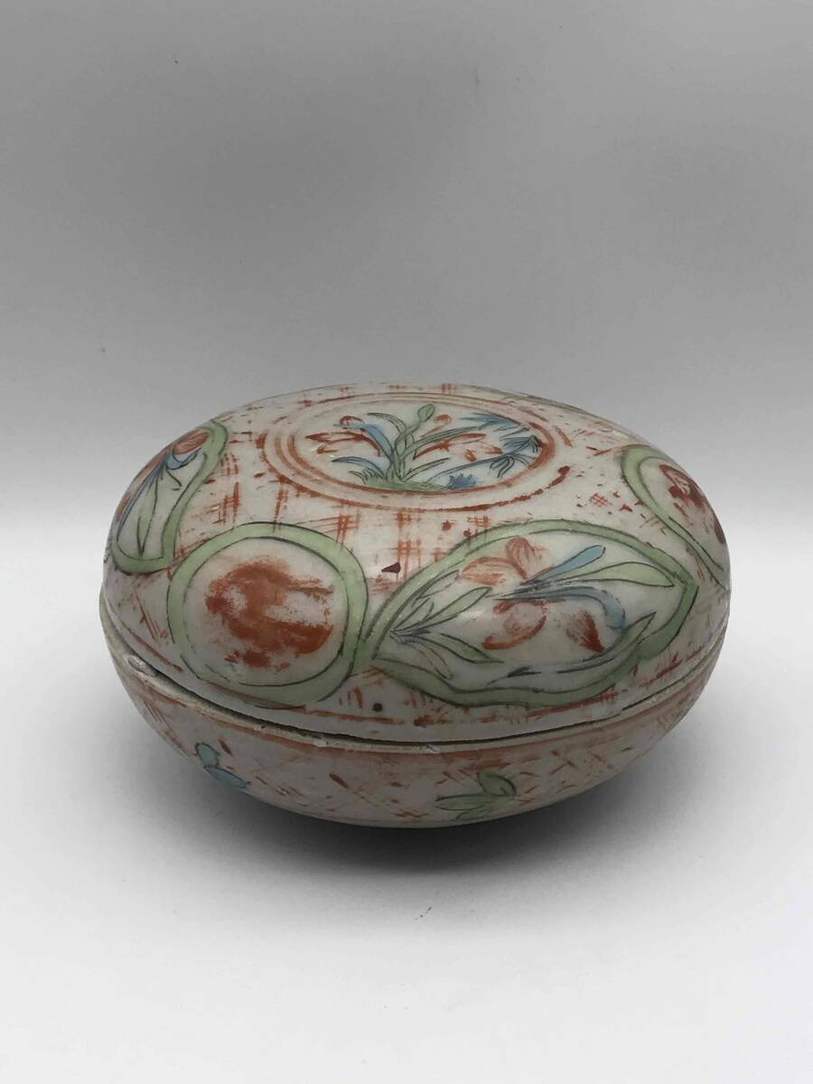 明時代 紅綠彩祥瑞蓮池花卉文 五彩印泥合子 香盒 香合 茶道具 唐物 時代物 中国古美術 (C-37)拍卖