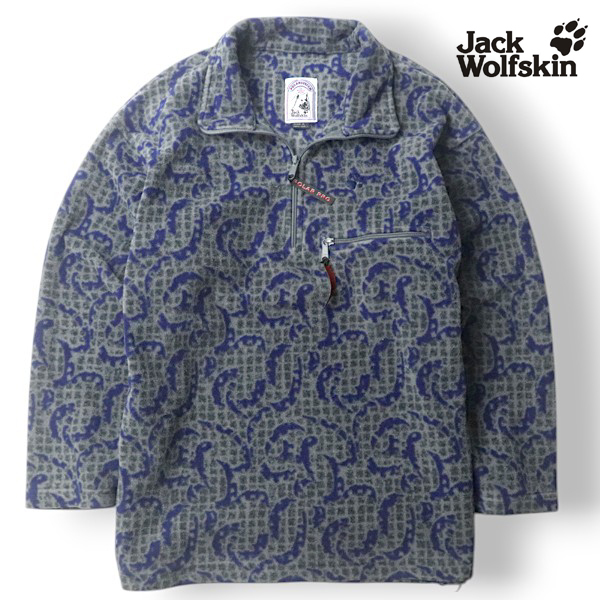 90s ヴィンテージ!美品 ジャックウルフスキン 刺繍ロゴ 総柄 スモーク フリース ハーフジップ プルオーバー グレー XL (JP:XXL)拍卖