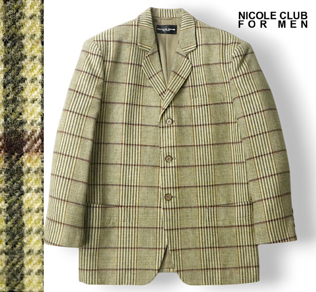 美品 日本製 NICOLE CLUB for men ニコルクラブフォーメン 小林由紀雄 タータンチェック ツイード 3B テーラードジャケット カーキ M拍卖