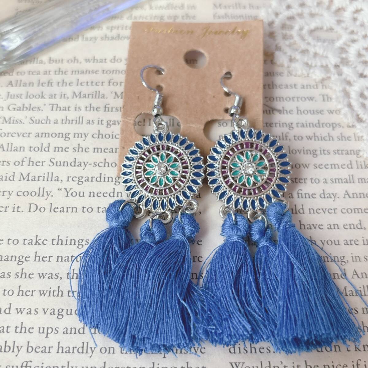 タッセルピアス タッセルフラワーフリンジ ブルー 青 エスニック シルバー 未使用品☆Vintage jewelry accessories R0284拍卖