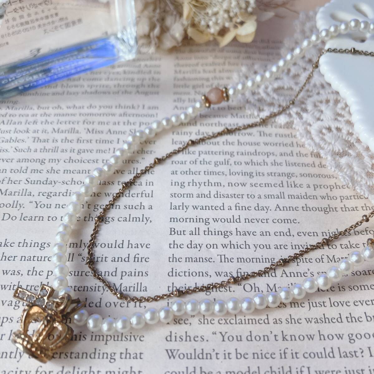 ネックレス ショート ベビーパール チェーン ダブル アンティーク調 クラウン クロス ゴールドVintage jewelry accessories R0230拍卖