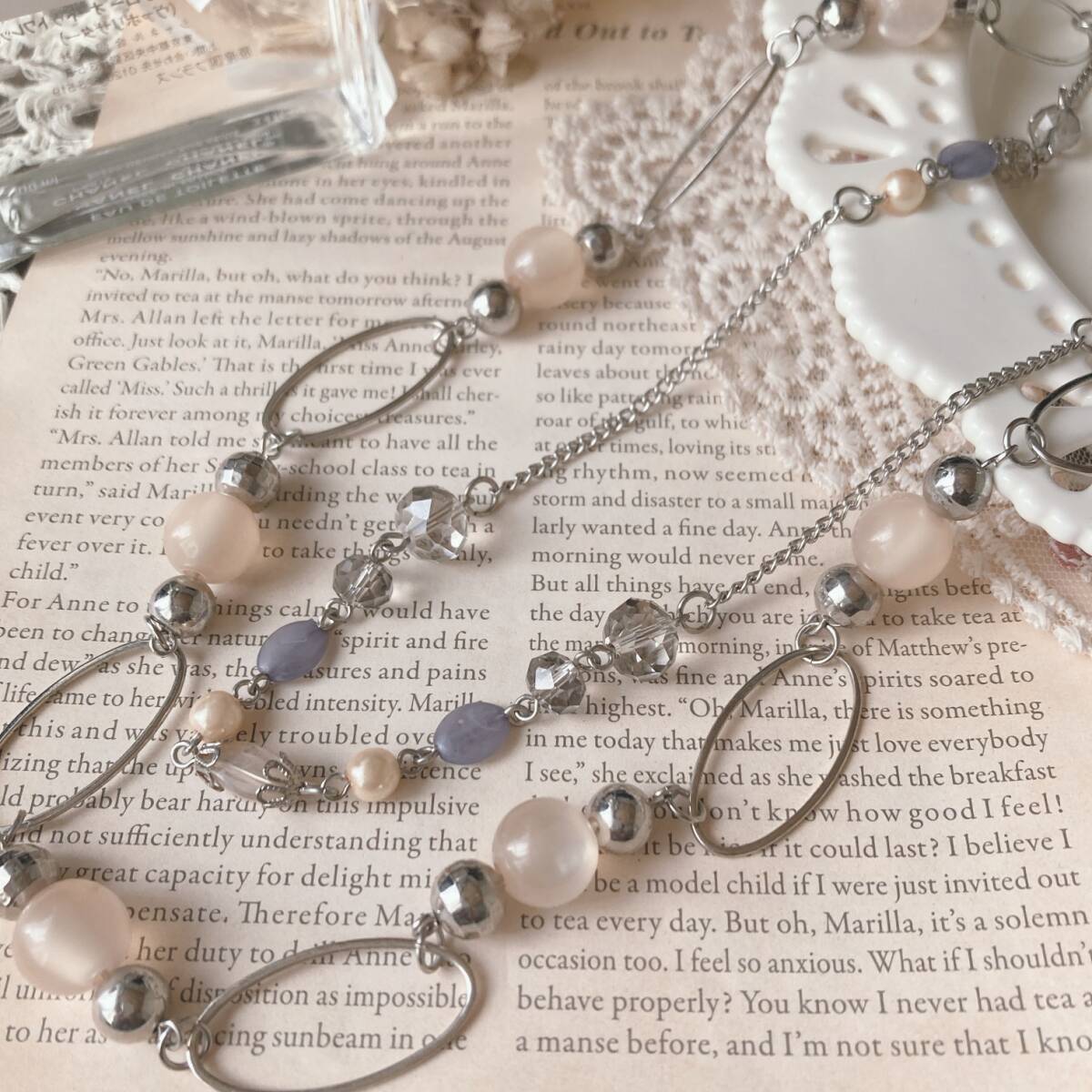 ネックレス ロング シルバー 2連 大玉ビーズ パール ラベンダー ムーン オレンジ 美品☆Vintage jewelry accessories R0312拍卖