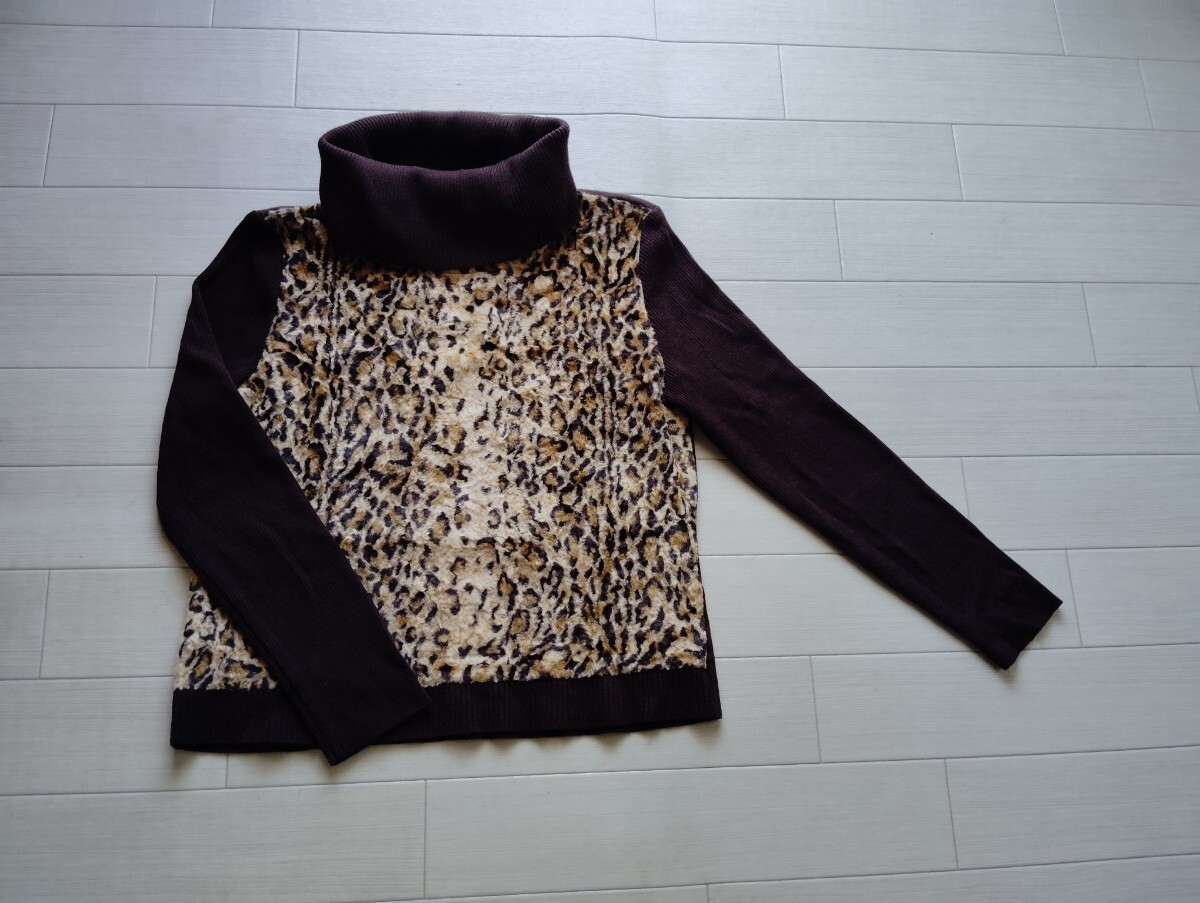 日本製 アンドレルチアーノ タートルネック ニット ウール セーター 茶 ひょう柄 S M拍卖