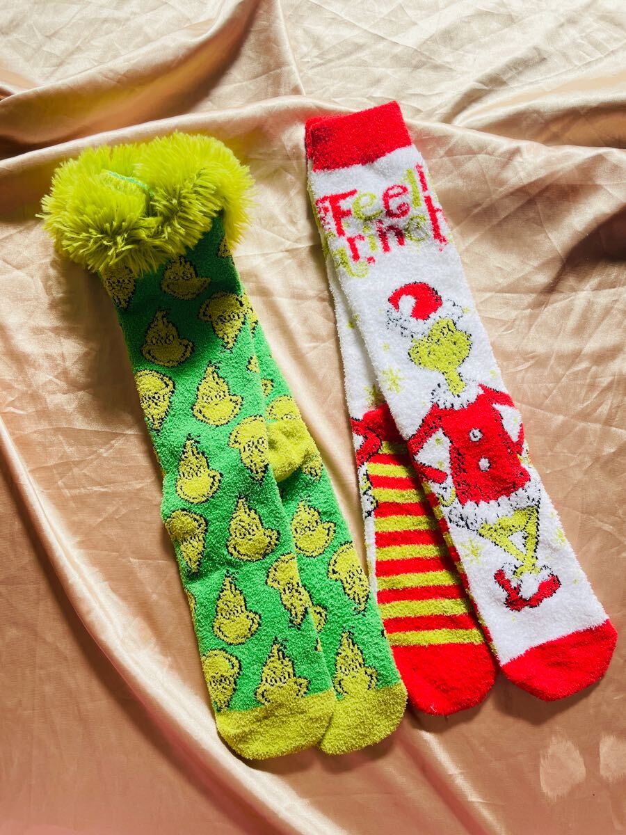 2点セットUSA限定GRINCH☆Dr.Seuss☆The Cat in the Hat☆グリンチ☆サンタクロース☆ドクター・スース クリスマス大人用 靴下 ソックス拍卖