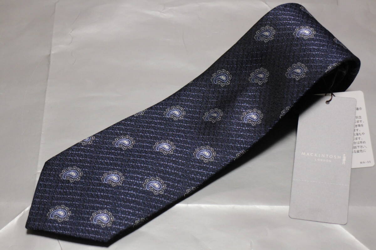 マッキントッシュロンドン新品ネクタイ超美麗ネイビー*シルバー*アイスブルーペイズリー小紋超緻密ジャガード織フルハンドメイド撥水加工拍卖