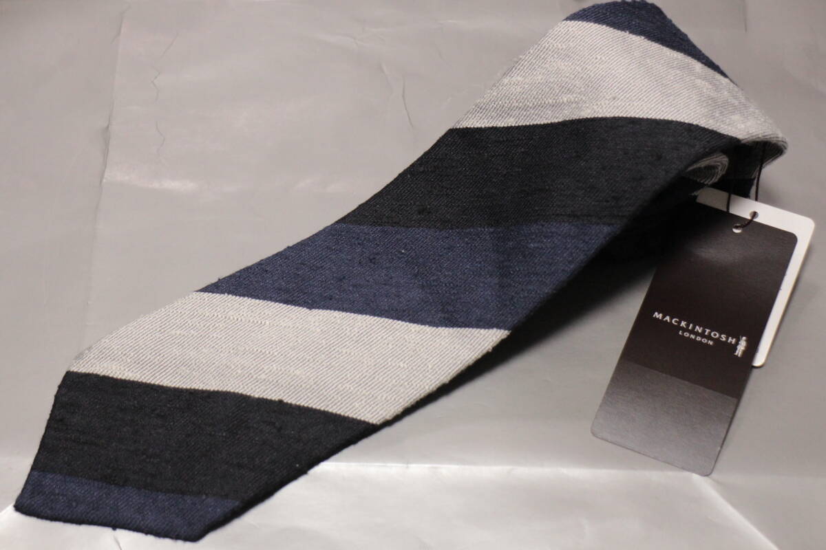 マッキントッシュロンドン*ビアンキネクタイネイビー*ブルーシルバー段落ちレジメン極上スフォデラート仕立フレアテイルフルハンドメイド拍卖