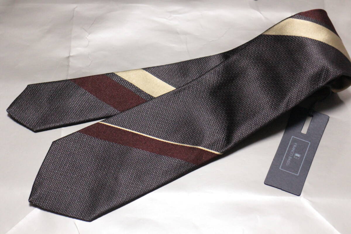 フランコバッシ*阪急別注新品ネクタイ超シック艶モダングレー*ボルドー*シャンパンレジメンワイドピッチブロックストライプハンドメイド拍卖
