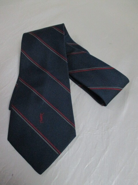 YvesSaintLaurent イヴサンローラン紺系斜めストライプネクタイ21625拍卖