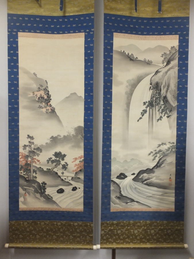 【真作保証】 圭岳 直筆 山水図 双幅 日本画家 コレクターの放出品 掛軸作品何点でも同梱可拍卖