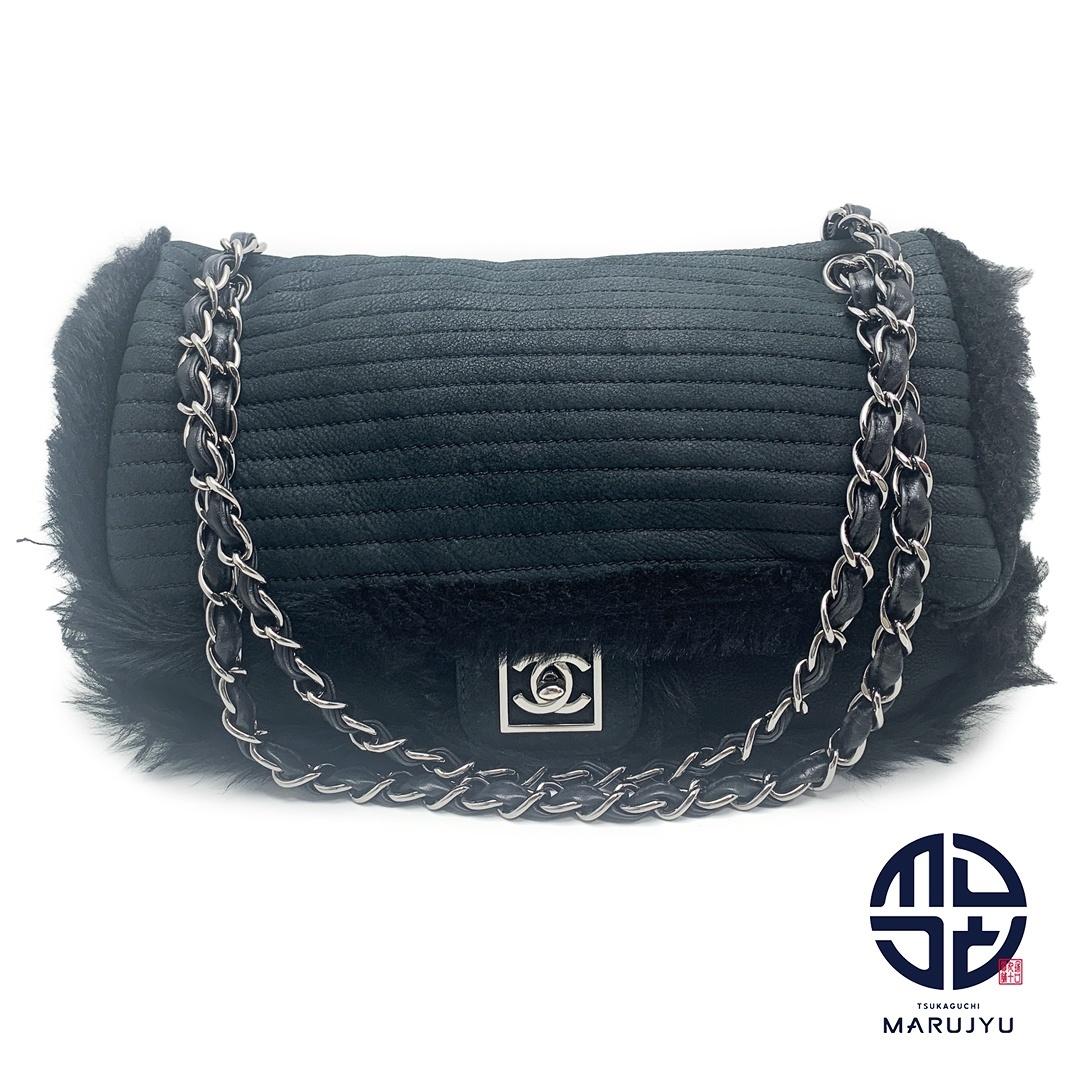 CHANEL シャネル ココマーク 黒 ブラック ファー クラシック シングルフラップ ダブルチェーン ショルダーバッグ 鞄 カバン拍卖