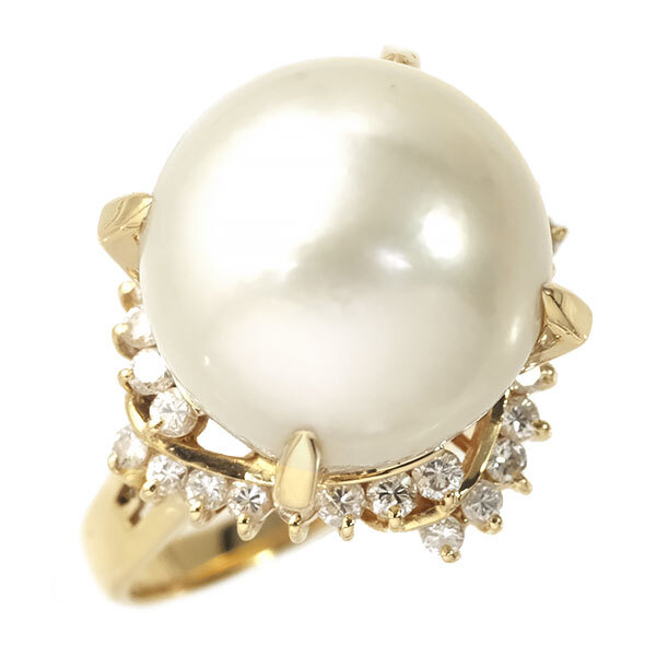 送料無料 本物 パール ダイヤモンドリング 指輪 K18YG イエローゴールド 白蝶真珠13.3ミリ ダイヤ0.52ct 12.5号 高級 上品拍卖