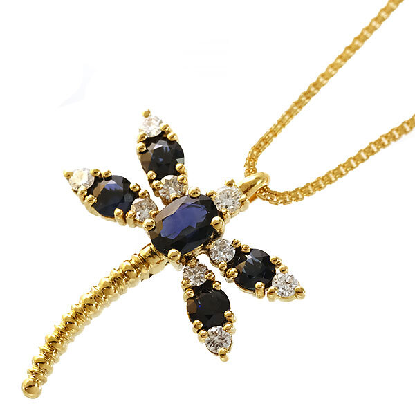 送料無料 本物 サファイア ダイヤモンドネックレス 750 K18YG とんぼデザイン サファイア1.17ct ダイヤ0.31ct ペンダント おしゃれ拍卖