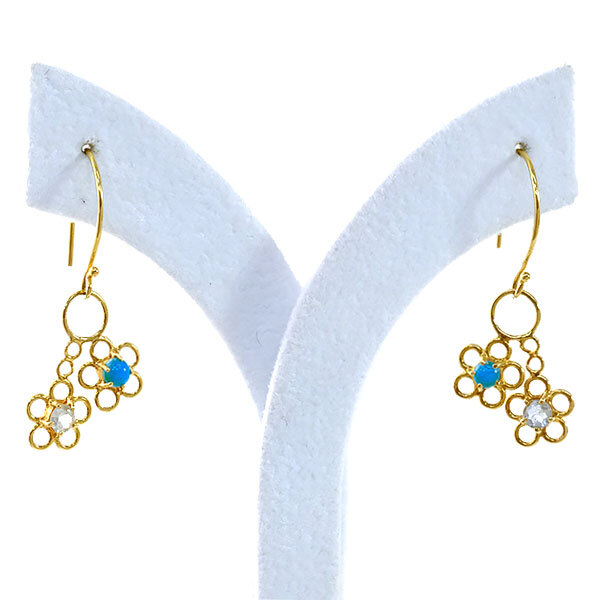 送料無料 本物 デザインピアス K18YG イエローゴールド トルコ石 アクアマリン お花デザイン レディースアクセサリー おしゃれ拍卖