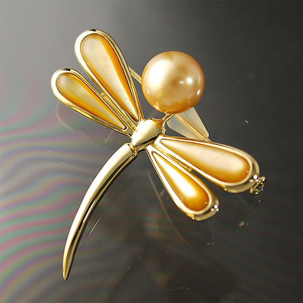 送料無料 本物 ゴールデンパール デザインブローチ K18YG イエローゴールド とんぼデザイン シェル 本真珠 磨き済み レディース拍卖