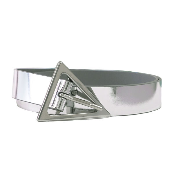 送料無料 本物 極美品 BOTTEGA VENETA ボッテガヴェネタ レディースベルト 609275 メタリックシルバー トライアングル拍卖