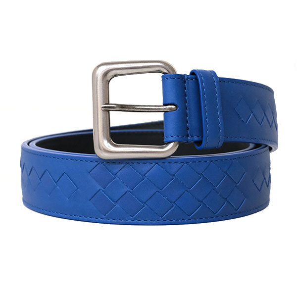 送料無料 本物 極美品 BOTTEGA VENETA ボッテガヴェネタ メンズベルト 628184 イントレチャート ブルー 青 レザー おしゃれ拍卖