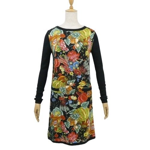 49AV ジュンコシマダ 美品 花柄×ニット 長袖チュニック ワンピース 黒 マルチ柄 38 M フォーティナインアベニュー JUNKO SHIMADA ◆HA2拍卖