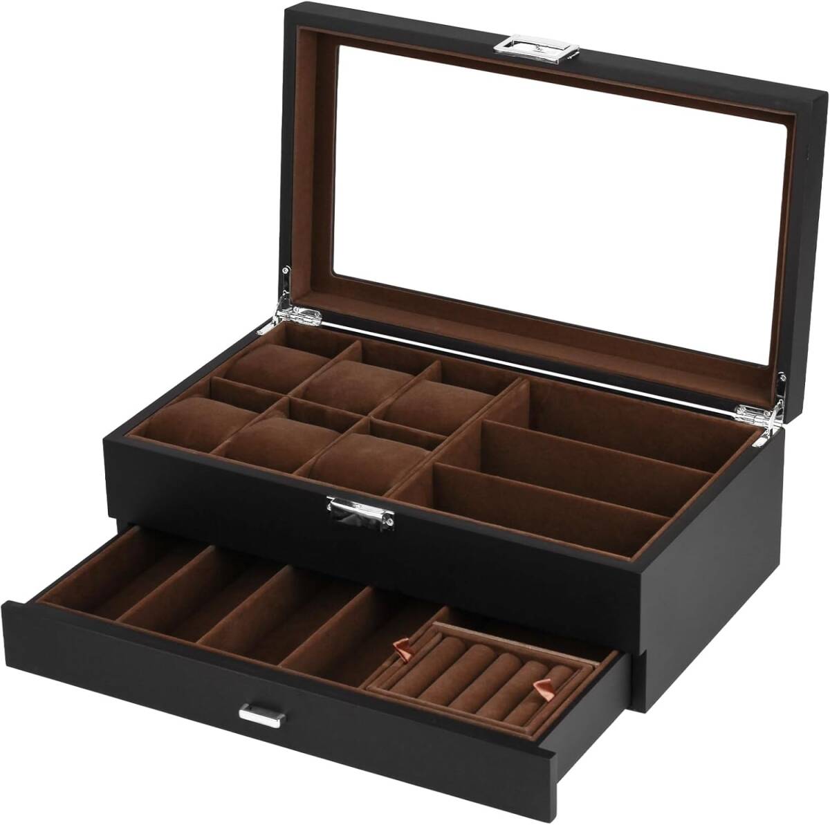 【新品】 Baskiss 高級2層木製時計ケース 腕時計・眼鏡・ジュエリー収納ボックス (腕時計6本・メガネ7本)拍卖