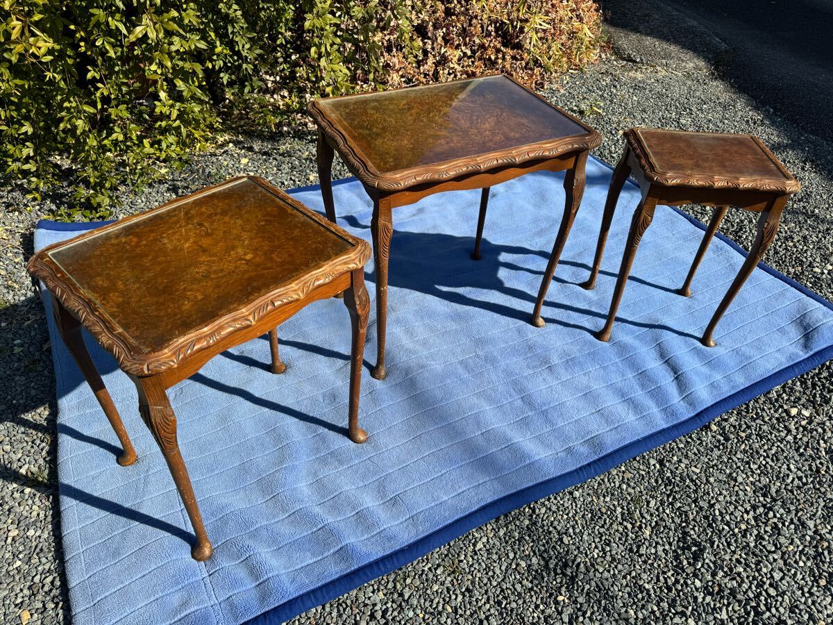 入れ子/ネストテーブル/3個セット/サイドテーブル/猫脚/彫刻/ガラス/花台/飾り台/アンティーク/レトロ/クラシック/アジアン/エスニック拍卖