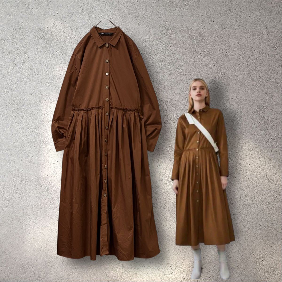 1577 ★美品★ ZARA*ザラ たっぷりギャザーロングワンピース S ブラウン 前開き 羽織り コットン マキシ丈ナチュラル 茶 ゆったり 拍卖