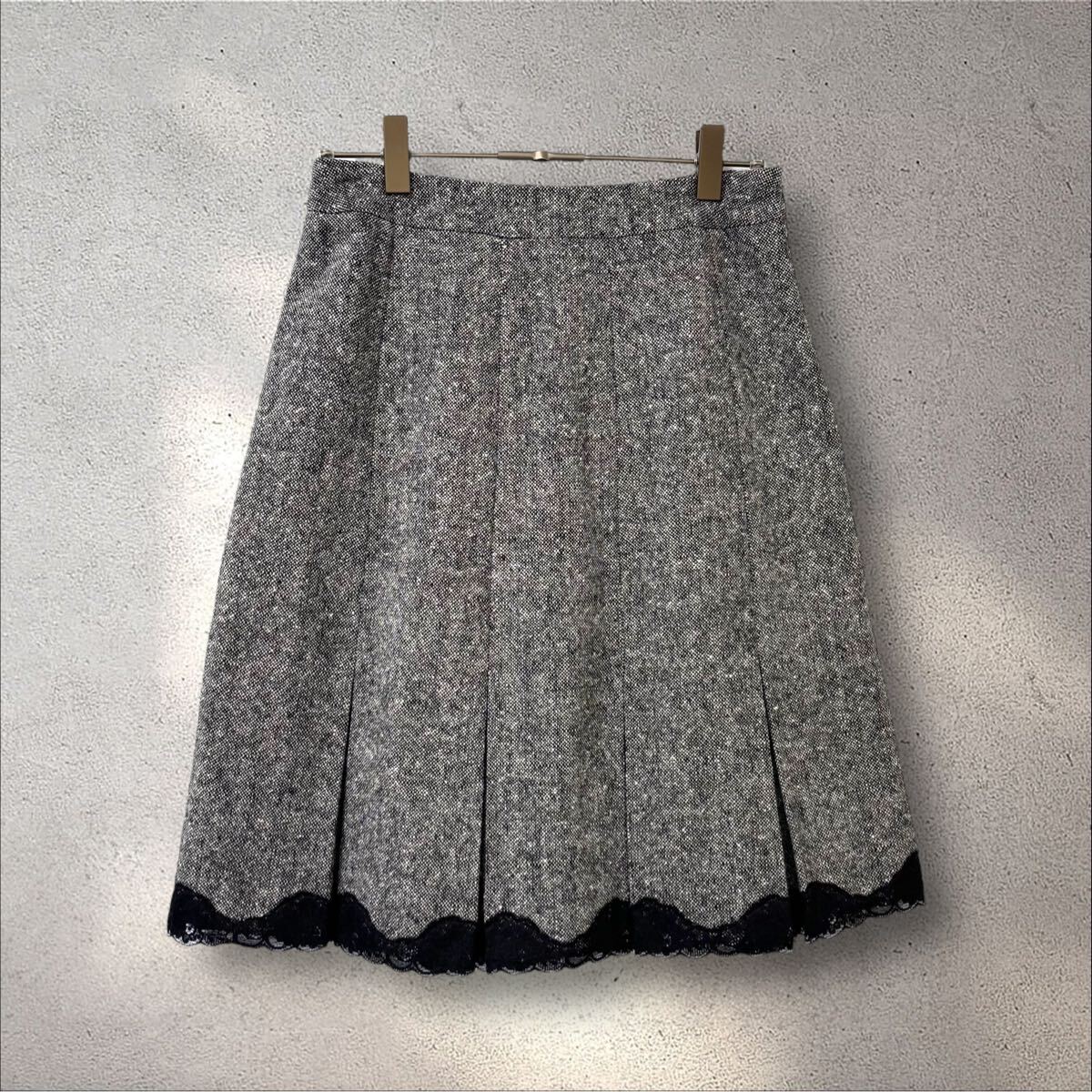 1604 ★美品★ ef-de*エフデ ツイードスカート ウール混 レース キレイめ M グレー系 オフィスカジュアル 膝丈拍卖