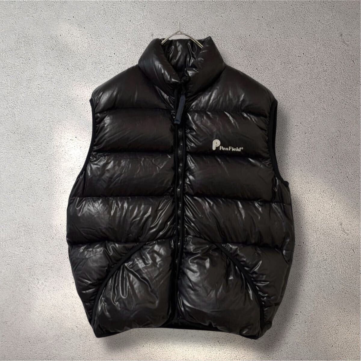 1491 Penfield*ペンフィールド パイピングボリュームダウンベスト M 古着 90's ダウン アウトドア 黒 アウター 羽織り ブラック ベスト拍卖