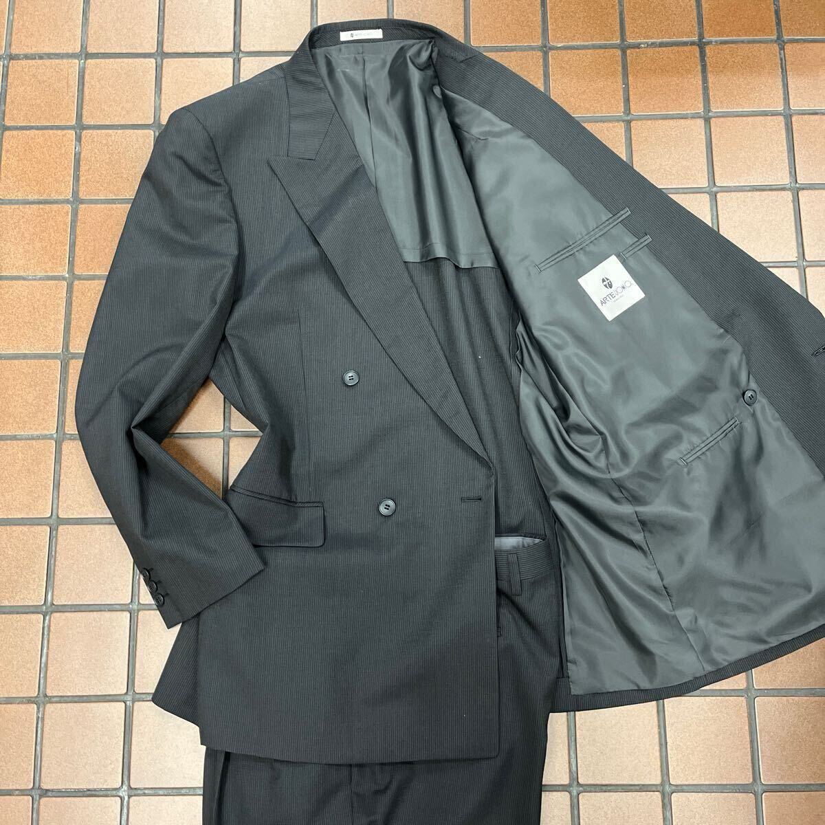 新品 特大【サイズAB9 4L★激レアダブル】4Bダブルスーツ グレー系 ストライプスーツ 背抜き ノーベンツ 2タック セットアップ ウール90%拍卖