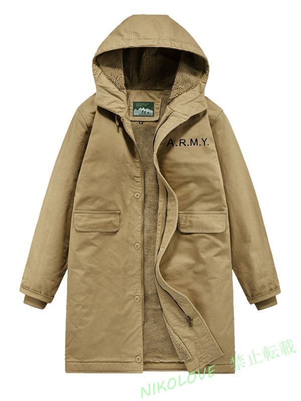 ☆新品冬 ロングコート メンズ 裏ボア モッズコート フード付き 裏フリース アウター ミリタリージャケット ヴィンテージ カーキ M LK202拍卖
