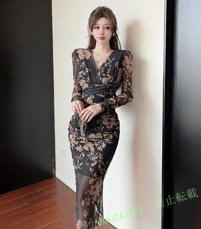 ☆上品レディース ワンピース 20代30代40代 着心地抜群 お洒落 超sexy 発表会dress 長袖 プリント柄 LL129拍卖