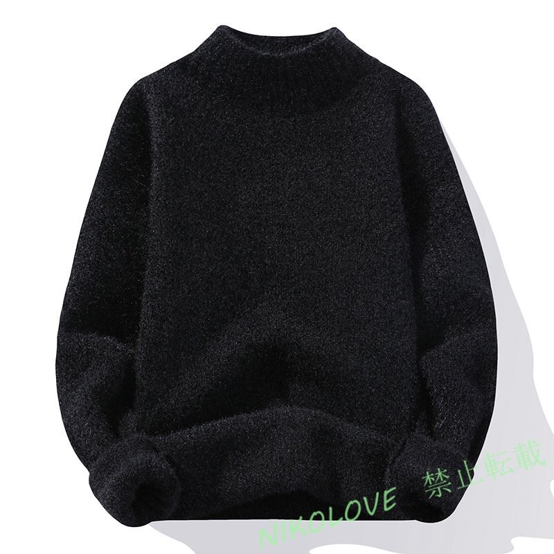 ハイネック メンズ プルオーバー トップス ニットセーター カシミヤウール混 厚手 上品 無地 秋冬 シンプル ブラック M~3XL AB192拍卖
