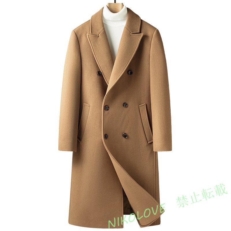 ☆新品ウールコート メンズ ビジネスコート ロングコート チェスターコート ダブルブレスト ウインドブレーカー アウター カーキ L LK182拍卖