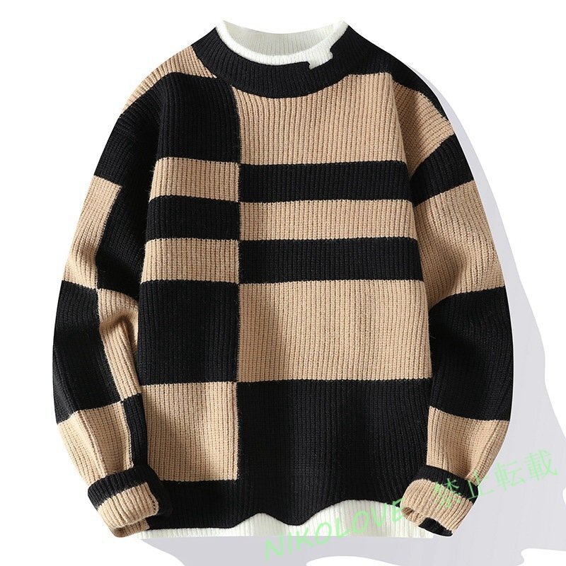 新品セーター カシミヤウール混 メンズニットセーター ラウンドネック トップス 編み 無地 おしゃれ 日常 カーキ*黒 L~3XL AB269拍卖