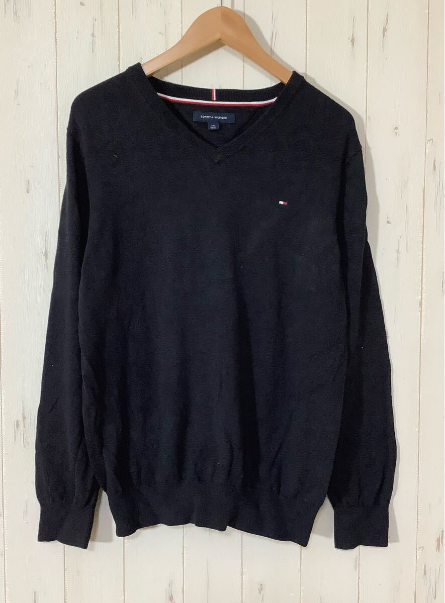に1516 TOMMY HILFIGER トミーヒルフィガー Vネック 長袖ニット L ネイビー 拍卖