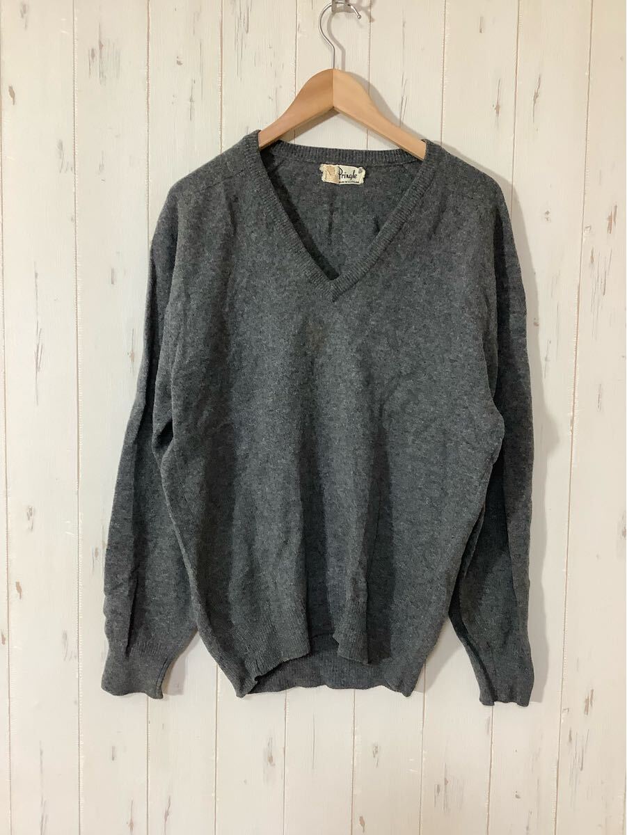 に1561 スコットランド製 Pringle プリングル Vネック 長袖ニット グレー拍卖