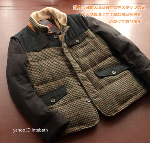 新品■エル2/175モス 千鳥チェック ダウンジャケット M◆メンズ 襟ボア 防寒 パッチワーク ウール ダウン ジャケット 襟ベルト 防寒拍卖