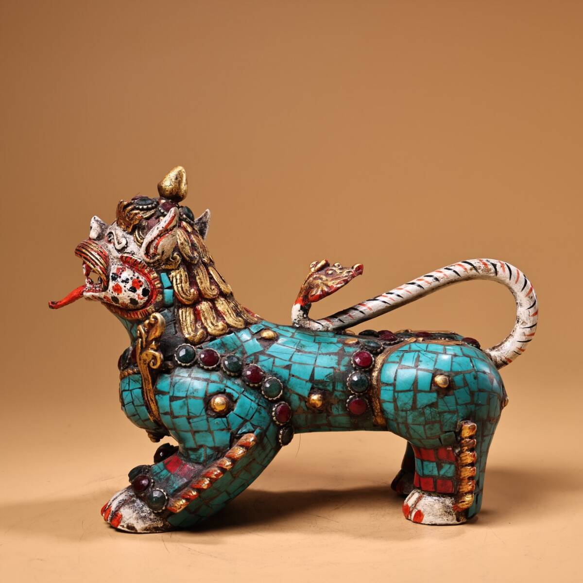 【超珍館蔵】銅製 寶石嵌 描金 彩繪 獅子 置物 古賞物 古美術品 稀少珍蔵品拍卖