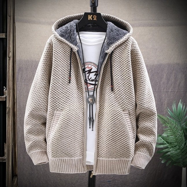 cjx822★カーディガン 新品 メンズ パーカ ニットセーター フード付き 裏起毛 紳士 アウター トップス 秋冬 カジュアル キャメル/XL拍卖