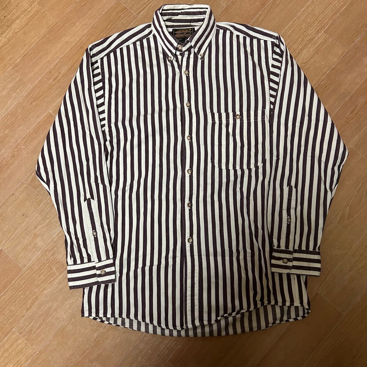 80s USA製 Eddie Bauer 黒タグ ストライプ ボタンダウンシャツ S拍卖