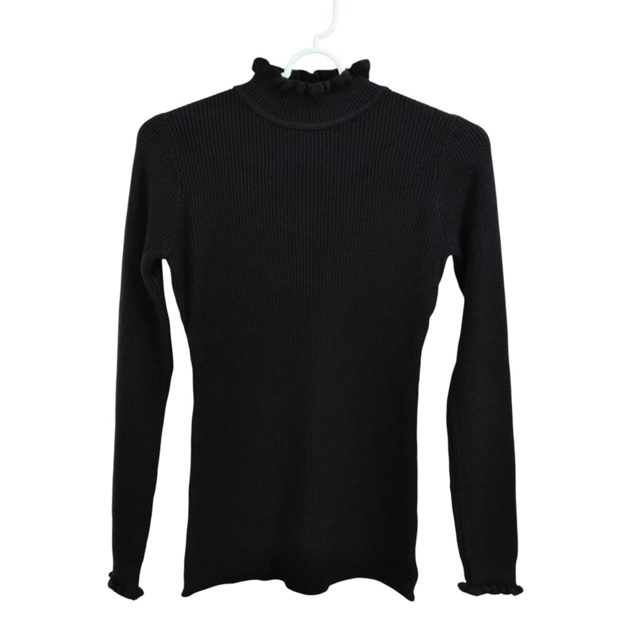 送料込!値下/未使用/匿名配送/レディース ニットセーター フリルハイネック 襟&袖メロー仕上げ 総リブ ストレッチ 無地 XSサイズ位 黒拍卖