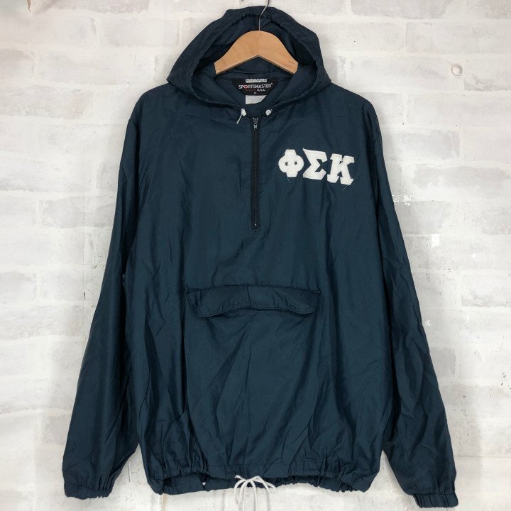 80's SPORTSMASTER 80年代 スポーツマスター ギリシャ文字 プルオーバー ナイロンジャケット SIZE:XL ネイビー made in USA MH632025022413拍卖