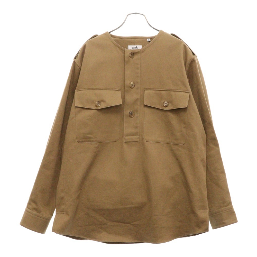HERMES エルメス 襟無し ハーフボタン 長袖シャツ キャメル拍卖
