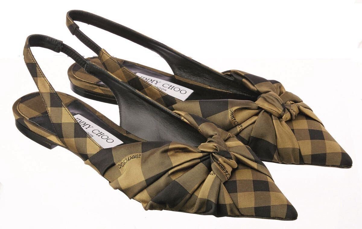 ジミーチュウ リボン ポインテッドトゥ フラットシューズチェック ブラウン 35拍卖