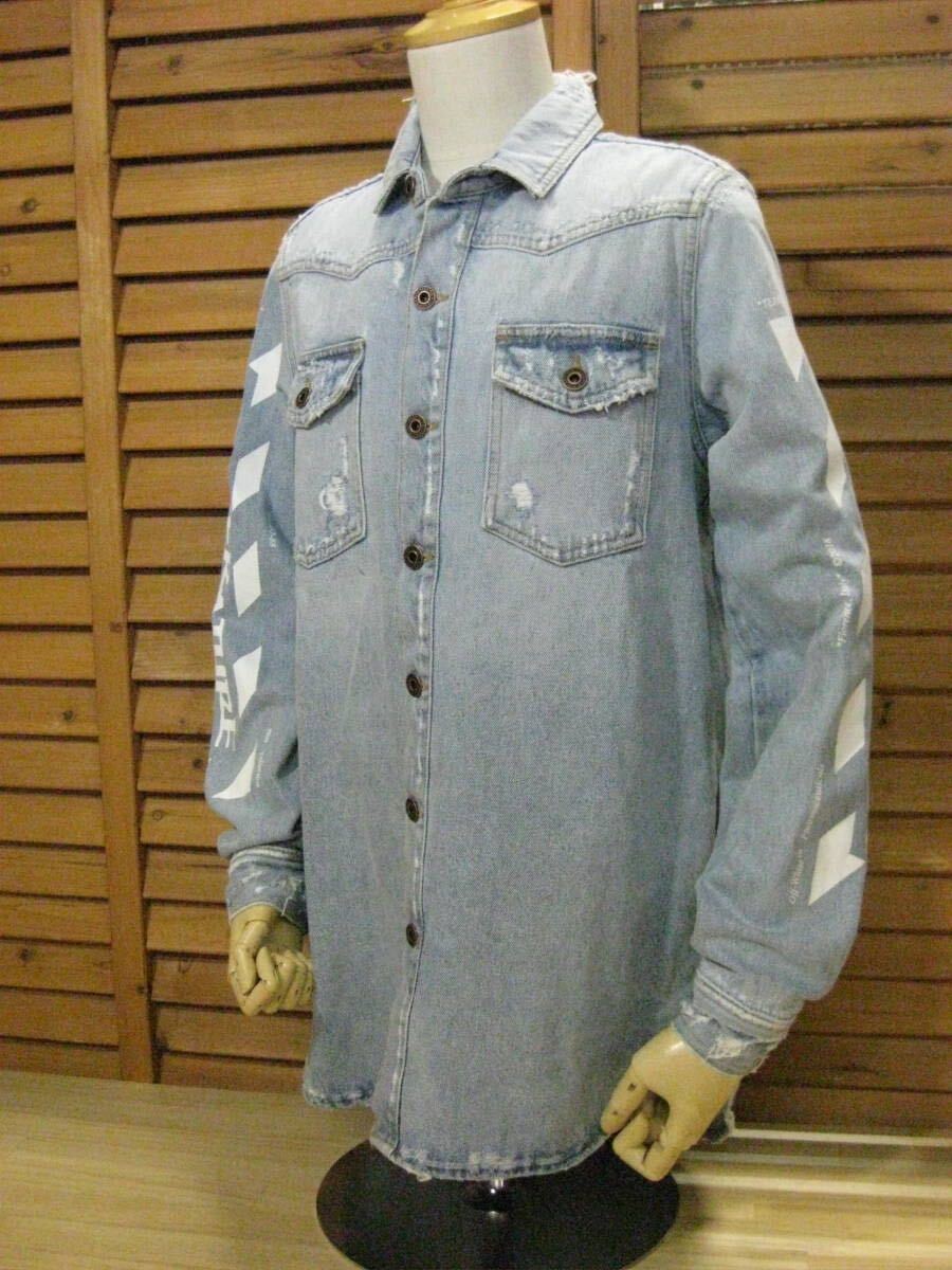 M 3△977【OFF-WHITE オフホワイト】18ss イタリア製 TEMPERAT DENIM SHIRT デニムシャツ バックプリント SIZE XS拍卖