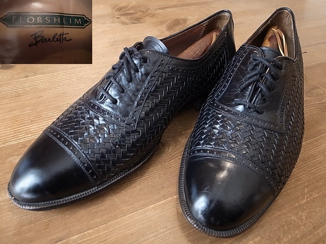 スペイン製 FLORSHEIM フローシャイム 革靴 黒 メッシュレザー パンチドキャップトゥ ストレートチップ レザーシューズ 8D 約 26㎝拍卖