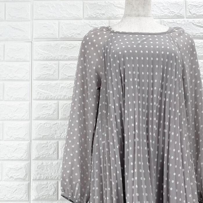 【A3276】Ray Beams レイビームス ワンピース レディース 長袖 ひざ上丈 グレー×ホワイト 水玉ドット柄 シフォン 春夏 Sサイズ拍卖